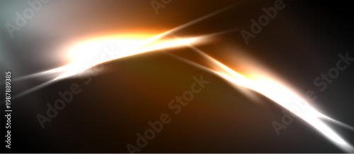 Abstract light streaks, warm tones dominate. Bright flares intersect dark background creating dynamic visual effect. Minimalist composition.