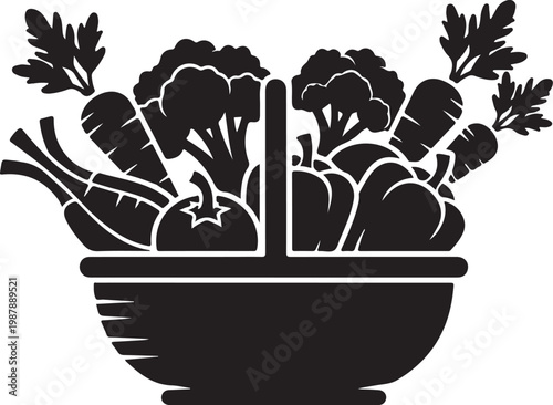 Black and white illustration of fresh vegetables in a divided pot - stock vector.