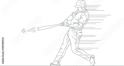 Dynamic line art illustration of a professional baseball player hitting a fastball with full power and precision, showcasing the intense moment of impact during a game or practice session.