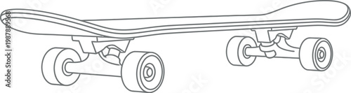 A clean and simple line art illustration of a classic skateboard, perfect for representing urban sports, youthful recreation, and dynamic action in various design projects with a minimalist aesthetic.