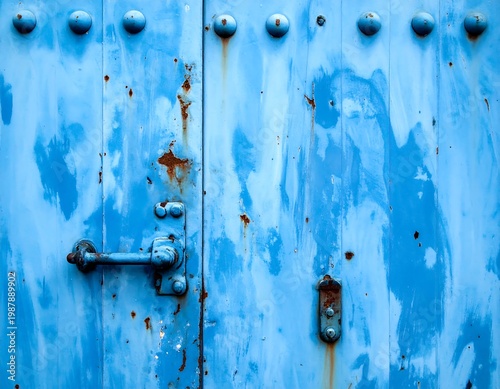 Close-up of a weathered, blue-painted metal door showing bolts, a handle, and patches of rust, revealing age and wear