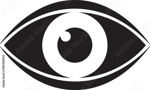 A stylized black and white illustration of a human eye with a bold design