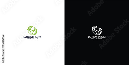 house line art icon design logo, with leaves, tree