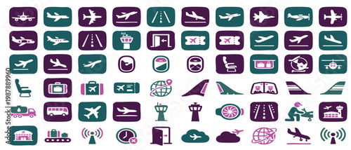 Airplane icon set. Plane, flight transport, travel, aircrafts symbol on white background.