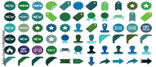 Discount promotion icon set. Percent, rate, increase, coupon, proportion, sale, badge, shopping label, tag, discount sticker symbol on white background.