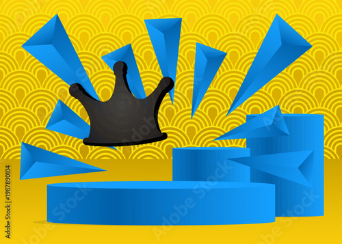 Mockup product display with Crown. Vector cylinder pedestal podium. Stage showcase for presentation. Minimal geometric forms.