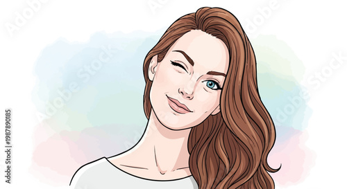 A stylish sketch of a woman with long wavy hair and a gentle smile