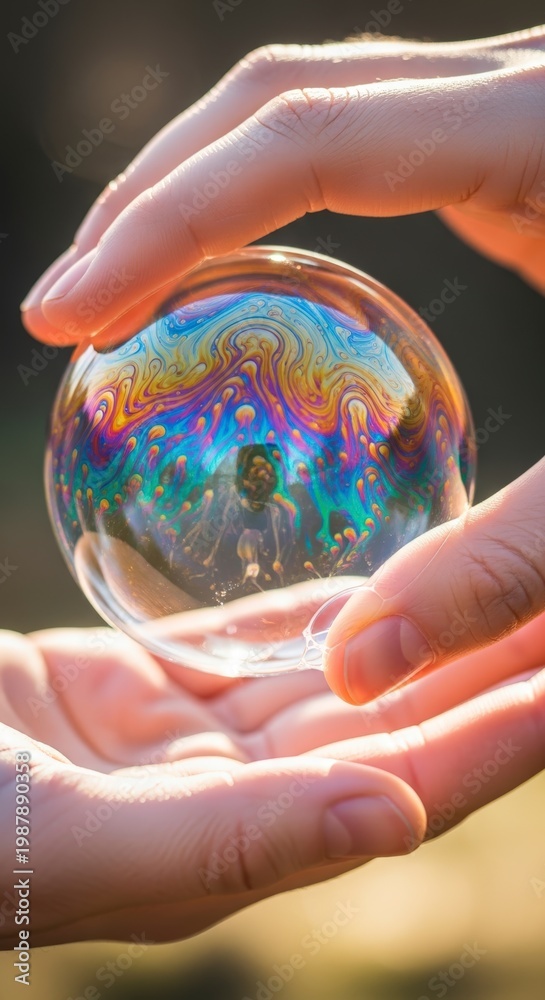 Fototapeta premium Hands holding large iridescent crystal ball.