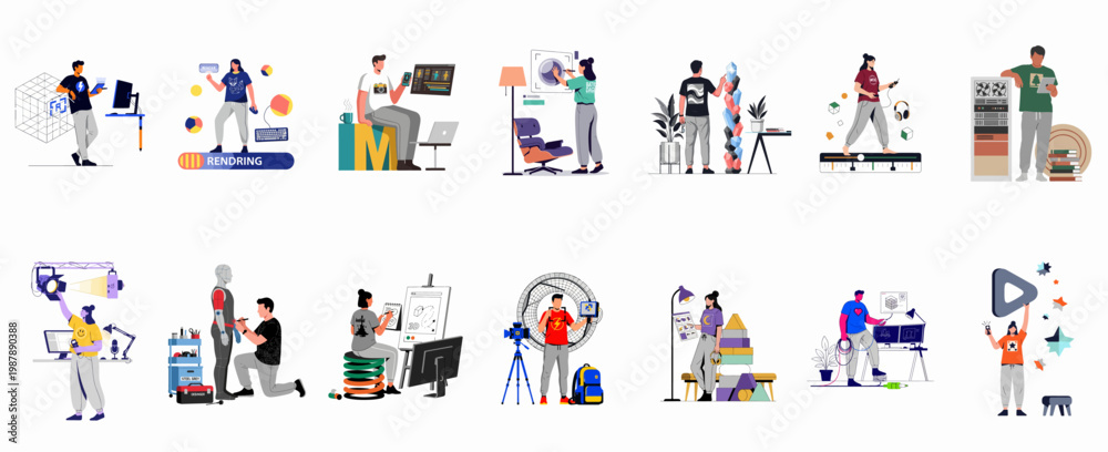 Fototapeta premium Diverse collection of 12 flat illustrations depicting creative professionals engaged in various digital and physical design, media, and technology production tasks.