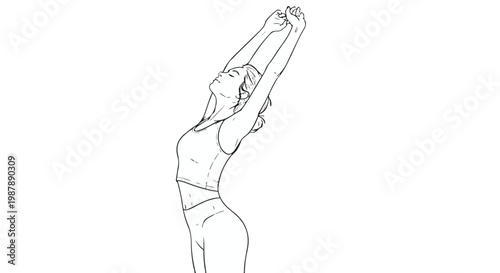Person performing upward arm stretch exercise with eyes closed for relaxation