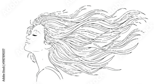 Elegant portrait of a woman with flowing hair in dynamic line art