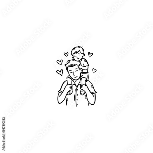 A heartwarming line drawing of a father giving his young son a piggyback ride. 