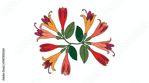 colorful illustration of trumpet shaped flowers and leaves  decorative floral design