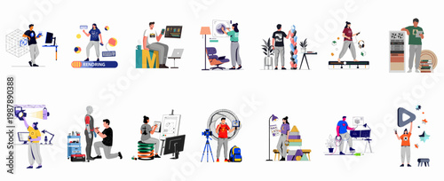 Diverse collection of 12 flat illustrations depicting creative professionals engaged in various digital and physical design, media, and technology production tasks.