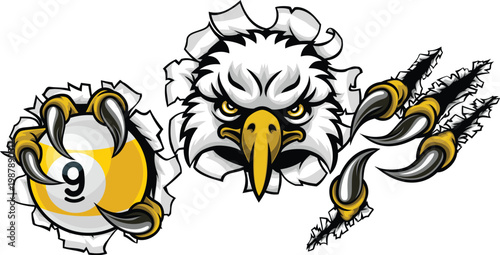 Eagle nine ball pool billiards sports mascot holding a 9 ball cartoon illustration