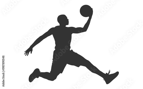 Basketball player jumping to dunk silhouette vector illustration.