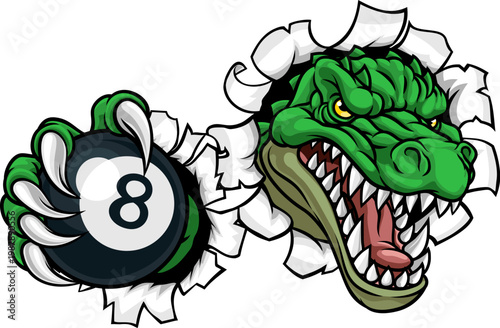 Cartoon reptile lizard alligator crocodile or dinosaur sports team mascot holding a billiards pool 8 ball or eight ball.