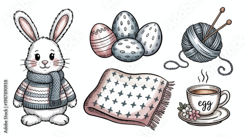 Easter bunny and springtime objects illustration