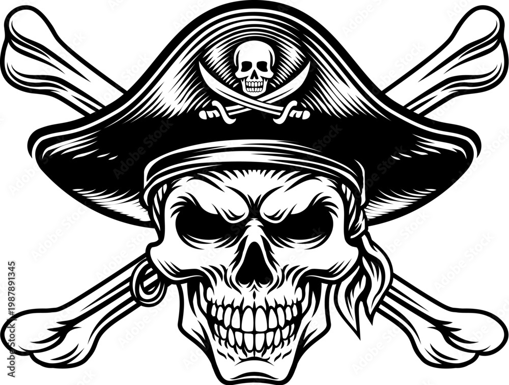 Fototapeta premium Pirate skull crossbones wearing a tricorn captain hat with crossing bones. In a vintage retro woodcut style.