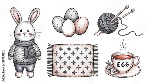 Easter bunny with eggs and hot cup of tea on saucer with flowers and ball of yarn with knitting needles