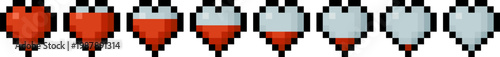 Pixel art heart icons health bar gauge video game asset UI retro 8 bit. Life progress indicator full and empty states for fantasy video game. Multiple fill levels HUD, RPG interface, status display