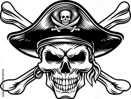 Pirate skull crossbones wearing a tricorn captain hat with crossing bones. In a vintage retro woodcut style.