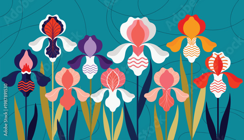 An exquisite illustration of stylized iris flowers with unique geometric patterns and a vibrant modern color palette
