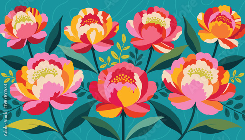 Vibrant floral illustration with blooming peonies in striking pinks, oranges, and yellows against a teal background