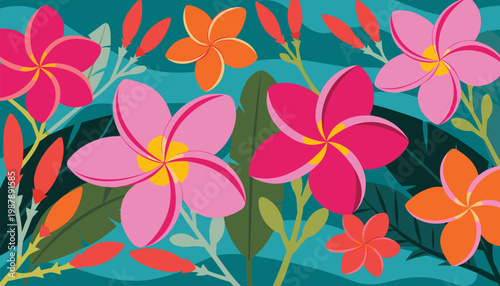 Colorful abstract tropical floral pattern featuring exotic plumeria blossoms and lush foliage on a flowing aqua background, ideal for vibrant summer designs