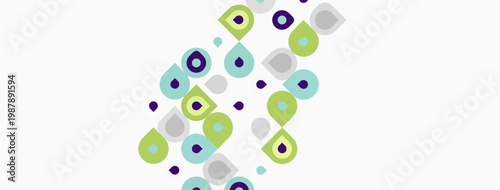 Abstract pattern features colorful circles, squares, teardrops. Shapes overlap creating dynamic visual texture. Light background enhances vibrancy.