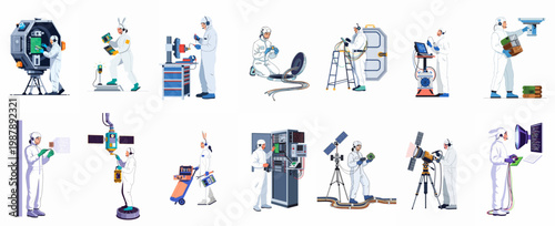 Set of professional flat vector illustrations depicting technicians in cleanroom suits working on advanced satellite technology, electronic circuits, and server hardware in labs.
