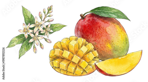 Mango fruit whole and sliced with blossoms and leaves.