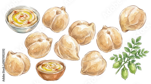 Chickpea hummus bowls and raw beans with green plant.