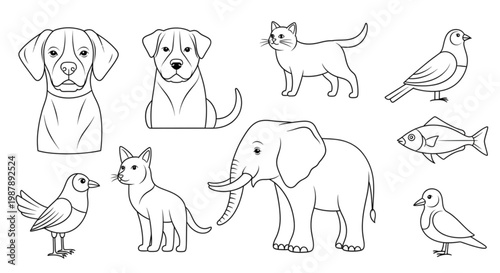 Animal Line Drawing Set Dog Cat Bird Fish Elephant Minimalist Continuous Line Art Vector Icon Collection
