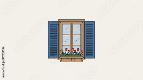 Illustration of a window with blue shutters and a flower box  tulips on a neutral background