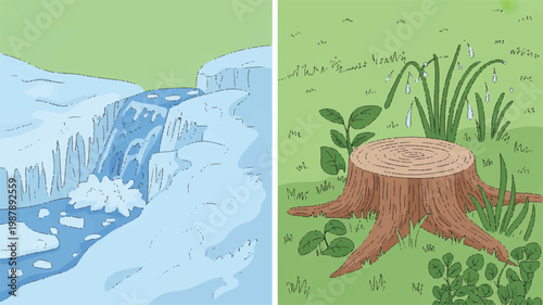 Ice melting on a river and a tree stump in a field with plants