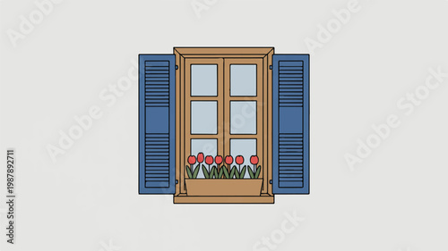 Illustration of a window with blue shutters and a flower box filled with tulips on a light gray background