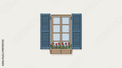 Illustration of a window with blue shutters and tulips in a flower box