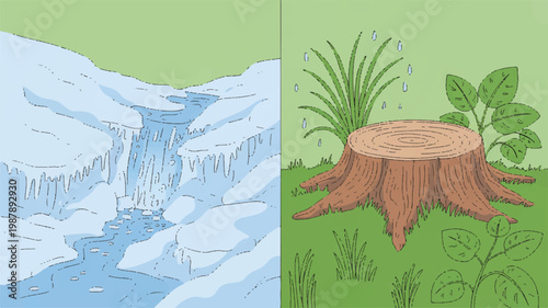 illustration of waterfall and tree stump with plants