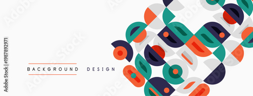 Abstract geometric pattern. Colorful squares, circles overlap creating modern design. White background enhances visual impact.