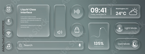Liquid glass smartphone interface isolated. UI UX light frame rounded square and circle elements with a glow stroke. Collection design widget for smartphone and web app.