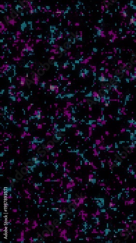 Abstract vertical background featuring field of small blue pink dots arranged in a dynamic, wavy pattern. This digital visualization evokes concepts of data flow, interconnected networks, and technolo