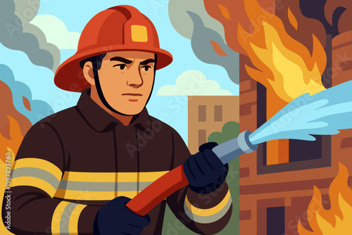 A brave fireman puts out a fire. He holds a fire hose and pours water on the fire