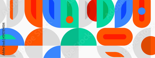 Abstract geometric pattern. Overlapping colorful shapes create playful, modern design. Bright hues dominate composition.