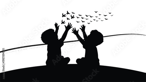 silhouette of two children sitting on hill watching birds fly away
