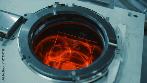 A faint plasma glow forms inside a sealed fabrication chamber window during chip etching in a high-tech semiconductor cleanroom