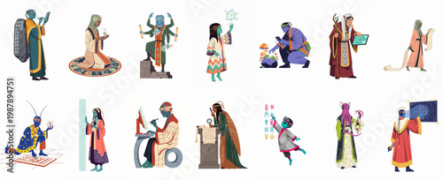 Set of diverse alien scholars and mystics using advanced technology and ancient scrolls in a vibrant, stylized flat vector illustration.