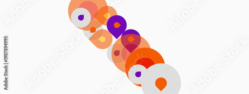 Abstract circles overlap, creating playful composition. Orange, purple hues dominate white background. Modern design element.