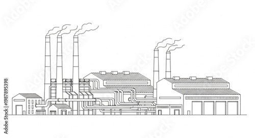 Industrial Factory Building with Smoke Stacks Emitting Smoke.