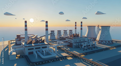 Modern Industrial Power Plant Facility with Cooling Towers and Smokestacks.